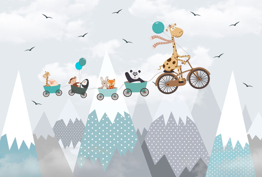 Giraffe auf einem Fahrrad mit einem Zug und Tieren Giraffe auf einem Fahrrad mit einem Zug und Tieren