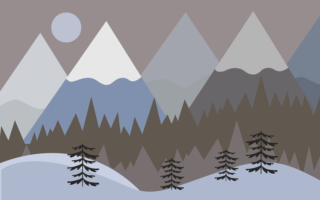 Eine Berglandschaft mit Bäumen und Schnee Eine Berglandschaft mit Bäumen und Schnee