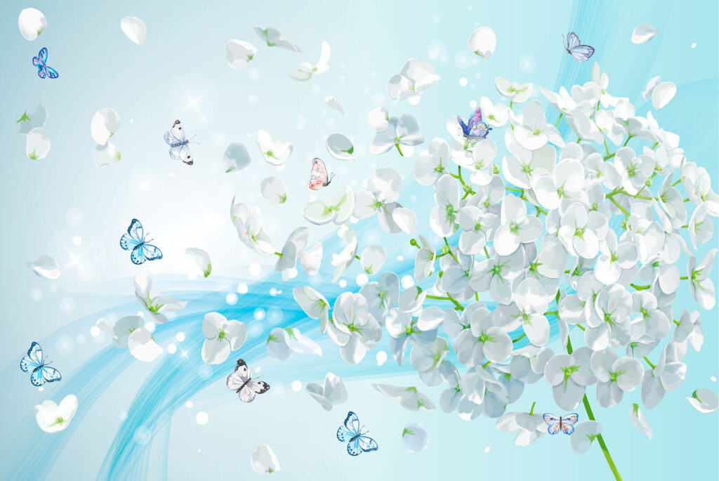 Weiße Blumen mit fliegenden Schmetterlingen Weiße Blumen mit fliegenden Schmetterlingen