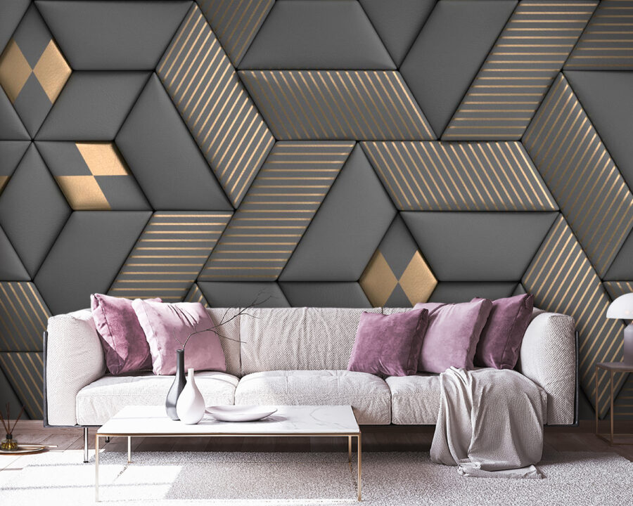 Geometrische Eleganz in Grautönen und Messing.