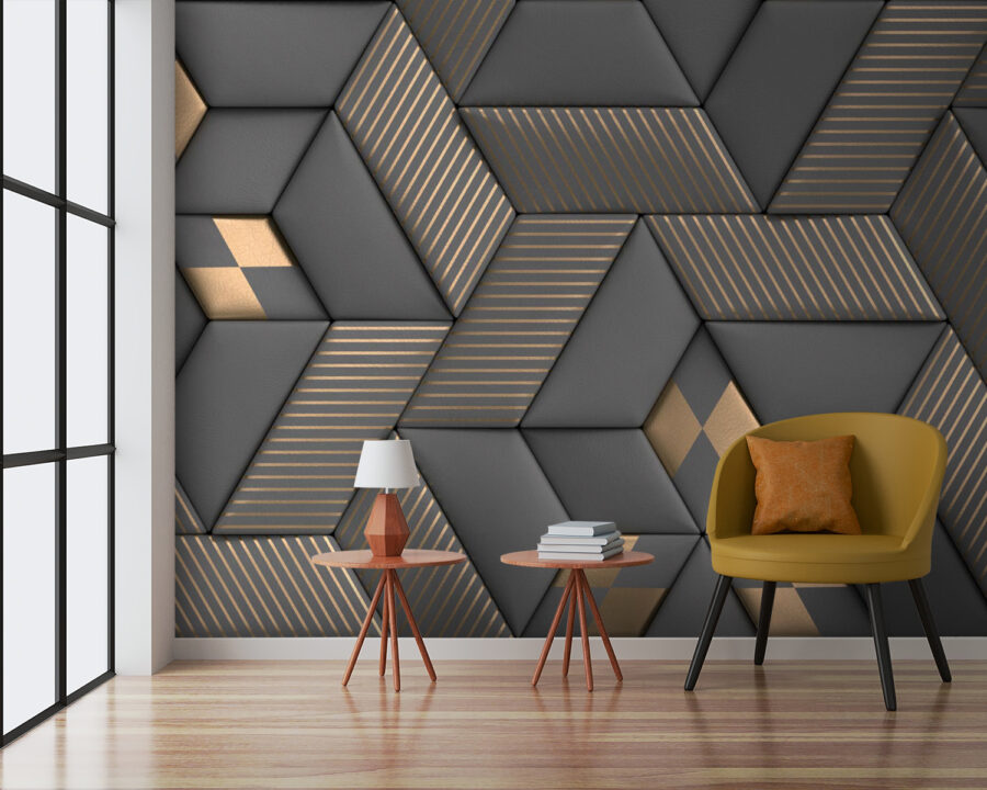 Geometrische Eleganz in Grautönen und Messing.