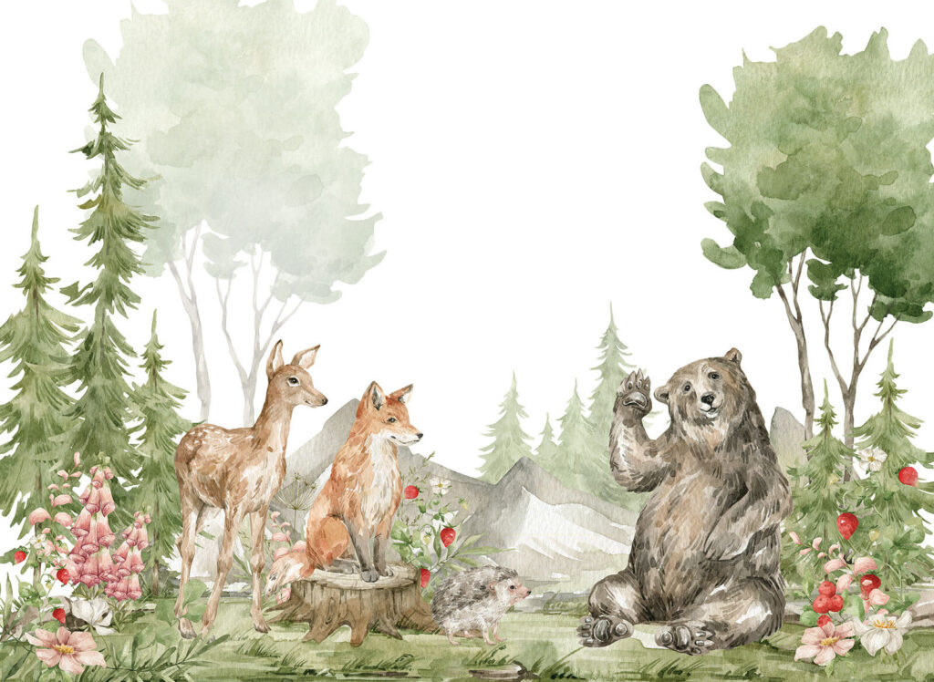 Aquarellmalerei von Tieren im Wald Aquarellmalerei von Tieren im Wald