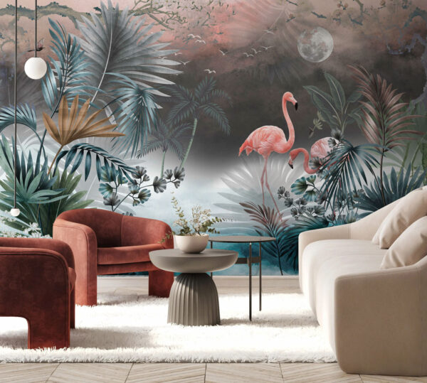 Malerei von Flamingos und Pflanzen Malerei von Flamingos und Pflanzen