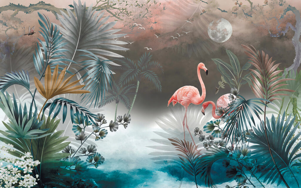Malerei von Flamingos und Pflanzen Malerei von Flamingos und Pflanzen