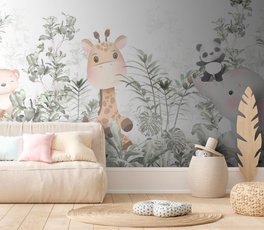 Giraffe und Panda in einem Wald