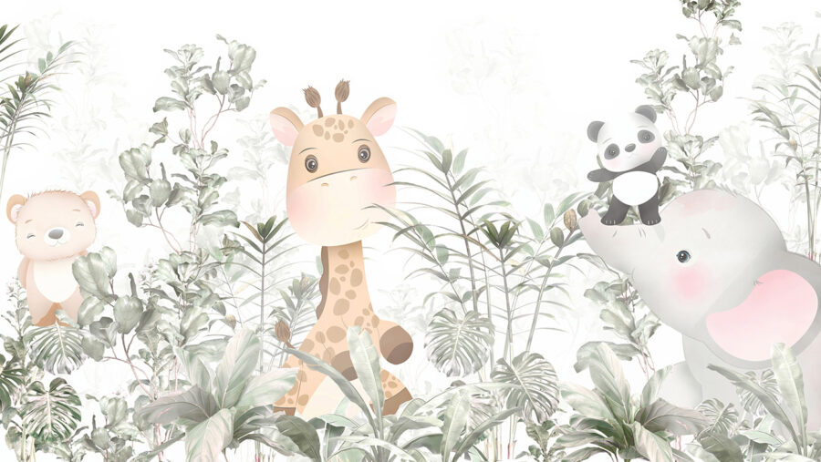 Giraffe und Panda in einem Wald