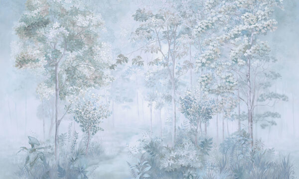Nebliger Wald mit Bäumen und Pflanzen Nebliger Wald mit Bäumen und Pflanzen
