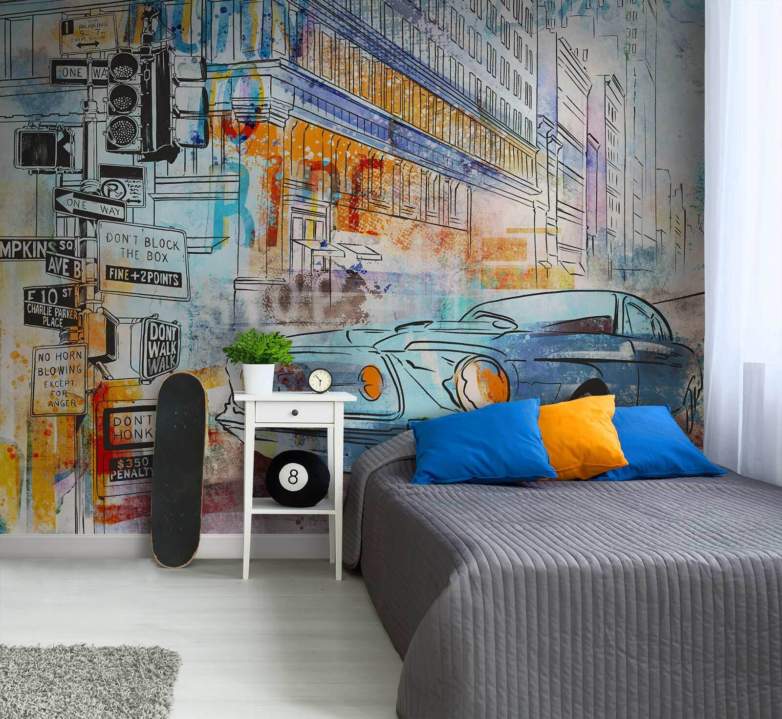 Drawing of a car on a street corner