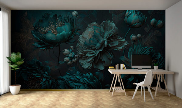 Elegantes tealfarbenes Blumenarrangement auf Leinwand. Elegantes tealfarbenes Blumenarrangement auf Leinwand.