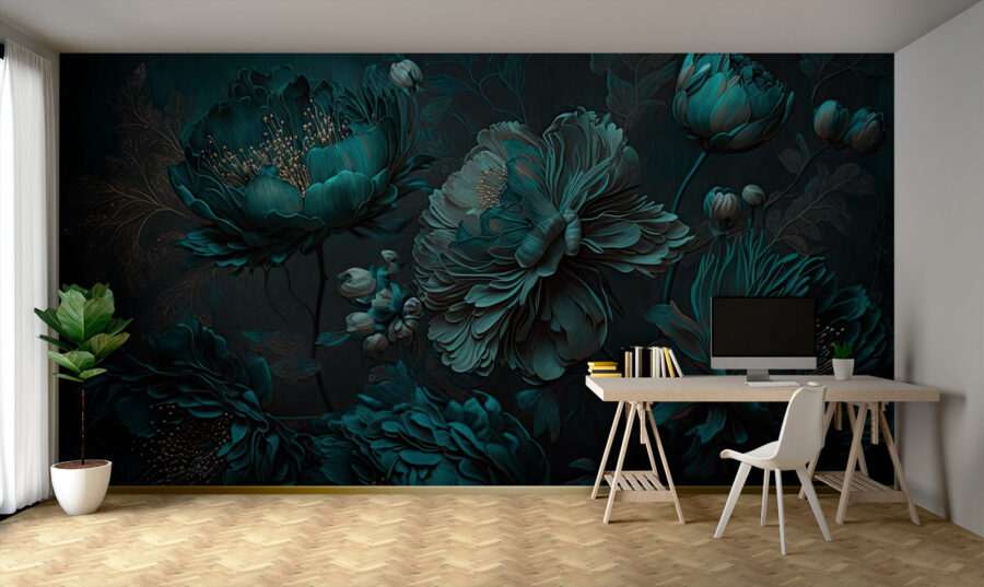 Elegantes tealfarbenes Blumenarrangement auf Leinwand.