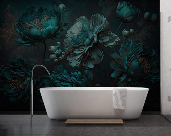 Elegantes tealfarbenes Blumenarrangement auf Leinwand. Elegantes tealfarbenes Blumenarrangement auf Leinwand.