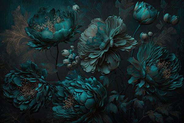 Elegantes tealfarbenes Blumenarrangement auf Leinwand. Elegantes tealfarbenes Blumenarrangement auf Leinwand.