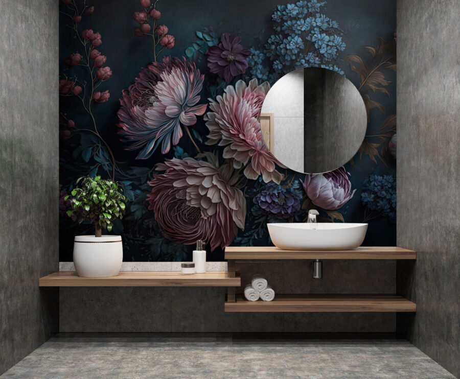 Gemälde mit Blumen auf dunklem Hintergrund Gemälde mit Blumen auf dunklem Hintergrund