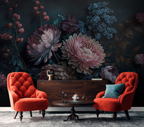 Gemälde mit Blumen auf dunklem Hintergrund Gemälde mit Blumen auf dunklem Hintergrund