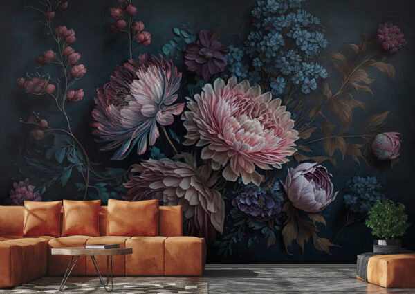 Gemälde mit Blumen auf dunklem Hintergrund Gemälde mit Blumen auf dunklem Hintergrund