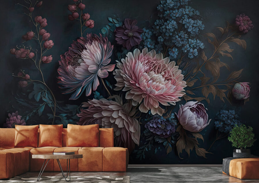 Gemälde mit Blumen auf dunklem Hintergrund Gemälde mit Blumen auf dunklem Hintergrund