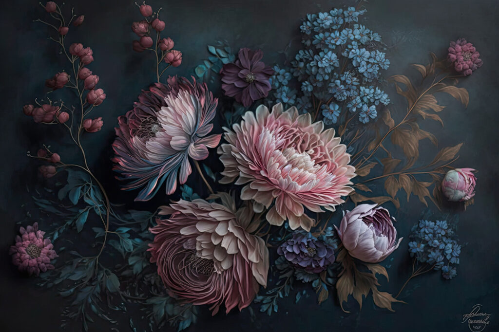 Gemälde mit Blumen auf dunklem Hintergrund Gemälde mit Blumen auf dunklem Hintergrund
