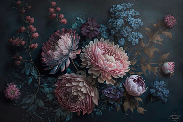 Gemälde mit Blumen auf dunklem Hintergrund Gemälde mit Blumen auf dunklem Hintergrund