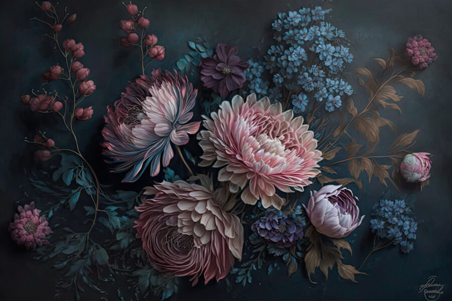 Gemälde mit Blumen auf dunklem Hintergrund Gemälde mit Blumen auf dunklem Hintergrund