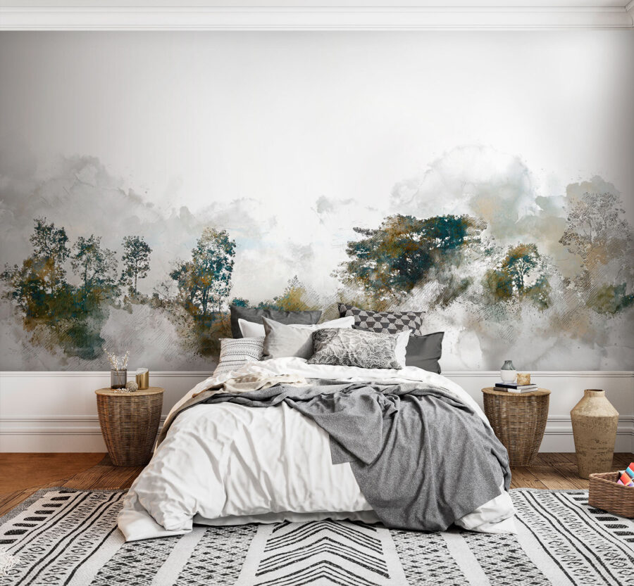 Aquarell von Bäumen und Wolken