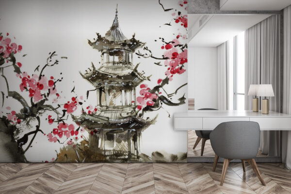 Gemälde einer Pagode und Kirschblüten Gemälde einer Pagode und Kirschblüten