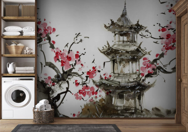Gemälde einer Pagode und Kirschblüten Gemälde einer Pagode und Kirschblüten