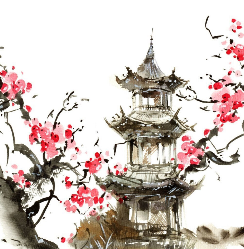 Gemälde einer Pagode und Kirschblüten Gemälde einer Pagode und Kirschblüten