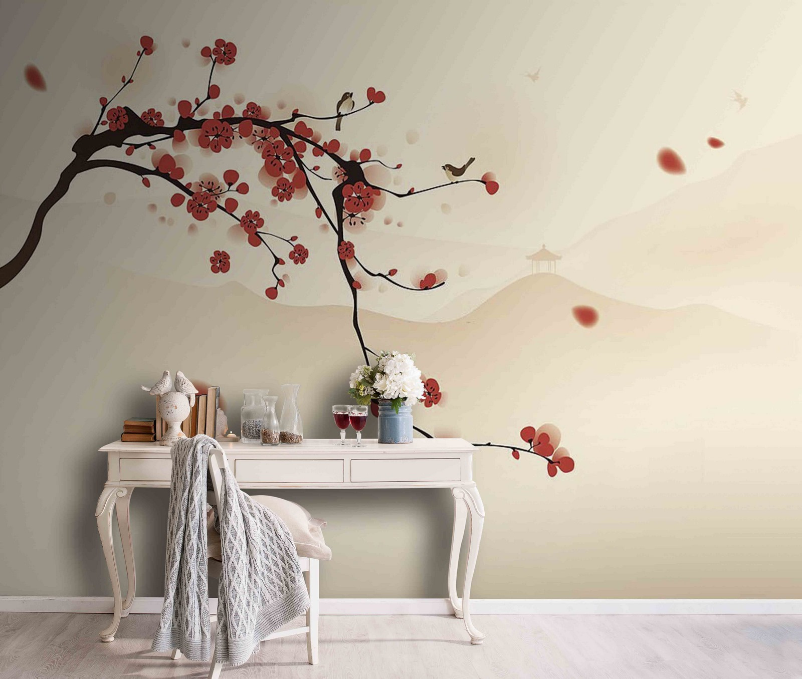 Branch with red flowers and birds flying in the sky