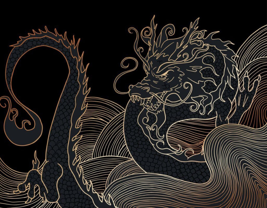 Mystischer Drache, der in der Dunkelheit wirbelt
