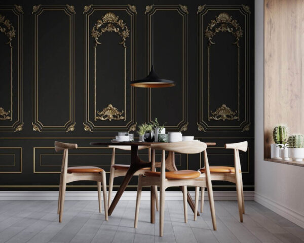 Elegante schwarze Paneele mit verschnörkelten Akzenten Elegante schwarze Paneele mit verschnörkelten Akzenten