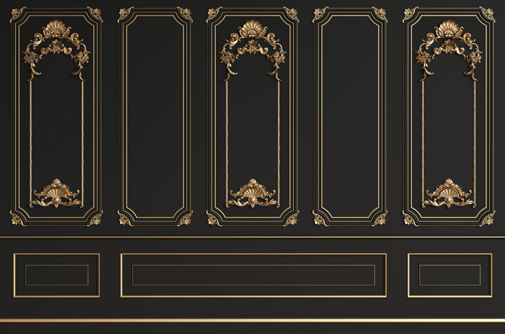 Elegante schwarze Paneele mit verschnörkelten Akzenten Elegante schwarze Paneele mit verschnörkelten Akzenten