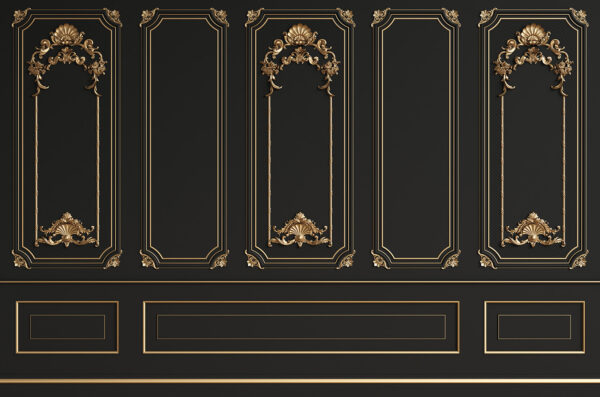 Elegante schwarze Paneele mit verschnörkelten Akzenten Elegante schwarze Paneele mit verschnörkelten Akzenten