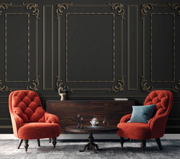 Elegante verschnörkelte Wandgestaltung in dunklen Tönen Elegante verschnörkelte Wandgestaltung in dunklen Tönen