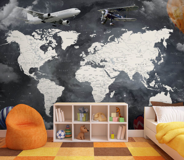 Weltkarte mit Flugzeugen und Heißluftballons Weltkarte mit Flugzeugen und Heißluftballons