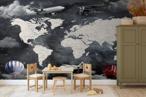 Weltkarte mit Flugzeugen und Heißluftballons Weltkarte mit Flugzeugen und Heißluftballons