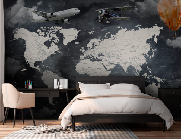 Weltkarte mit Flugzeugen und Heißluftballons Weltkarte mit Flugzeugen und Heißluftballons