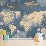Fototapeten Karte der Welt mit Flugzeugen und Ballons