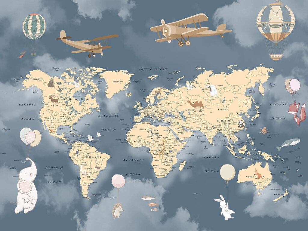 Karte der Welt mit Flugzeugen und Ballons Karte der Welt mit Flugzeugen und Ballons
