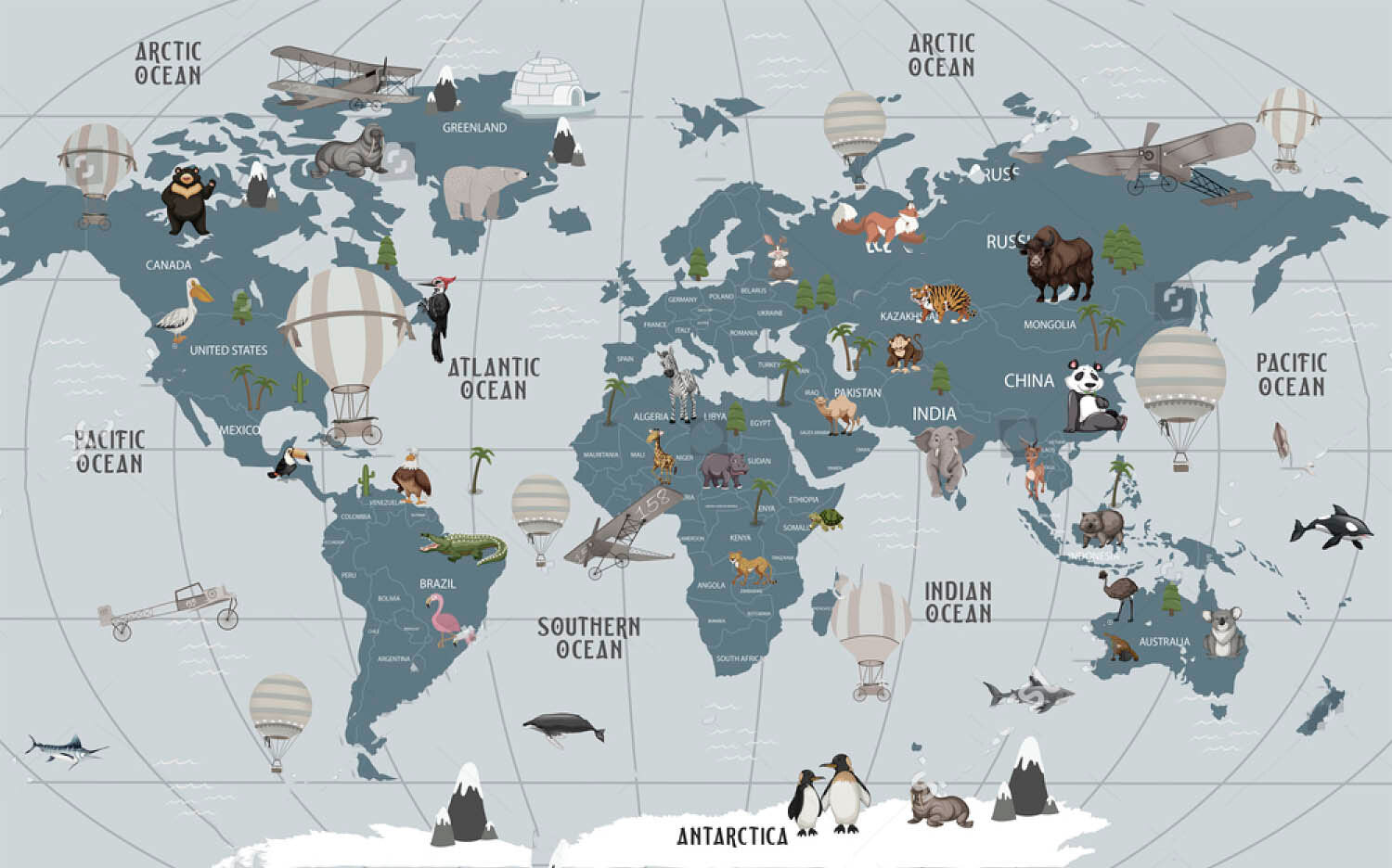 Map of the world with animals Map of the world with animals