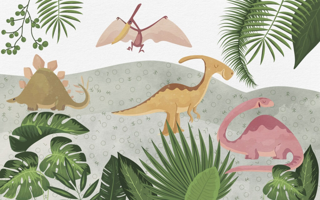 Gruppe von Dinosauriern mit Blättern Gruppe von Dinosauriern mit Blättern