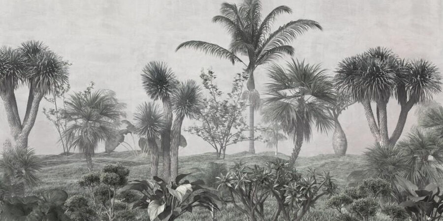 Landschaft mit Palmen und Sträuchern