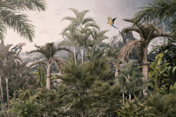 Tropischer Wald mit Palmen und einem fliegenden Vogel Tropischer Wald mit Palmen und einem fliegenden Vogel
