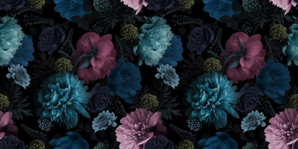 Lebendiges Blumenmuster auf schwarzem Hintergrund. Lebendiges Blumenmuster auf schwarzem Hintergrund.