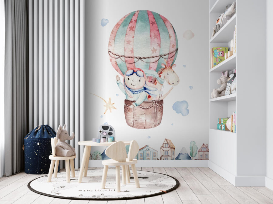 Aquarellillustration einer Person in einem Heißluftballon