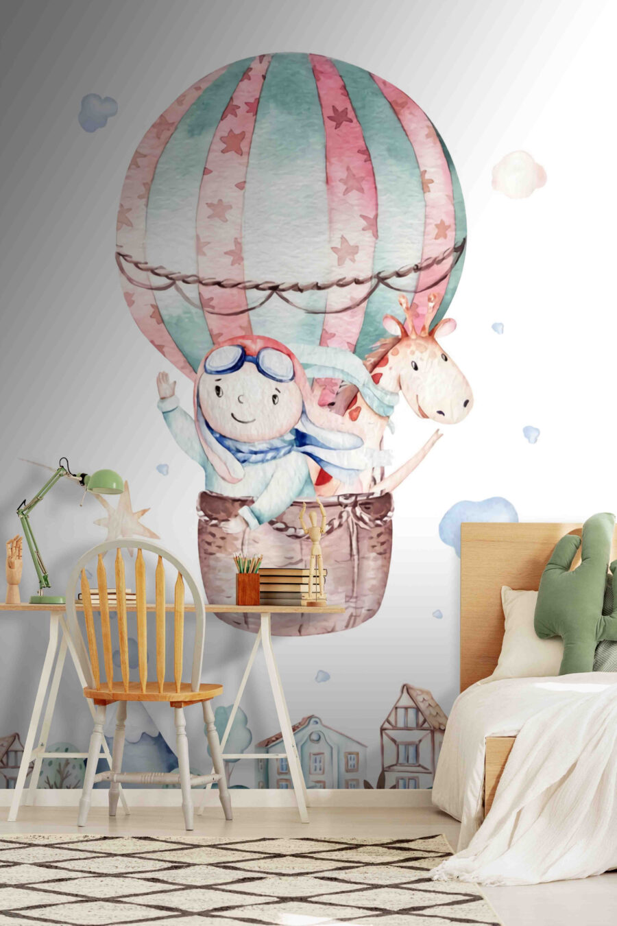 Aquarellillustration einer Person in einem Heißluftballon