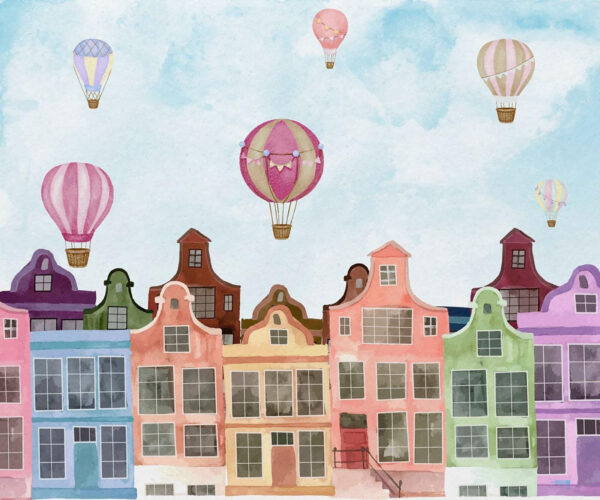 Gruppe von Gebäuden mit Heißluftballons Gruppe von Gebäuden mit Heißluftballons