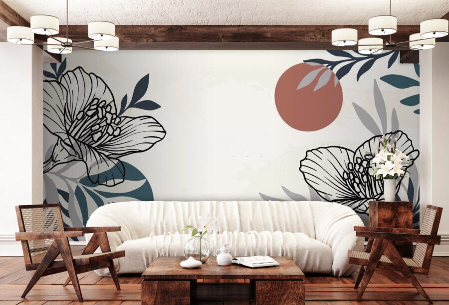 Weißer Hintergrund mit schwarzen und weißen Blumen und Blättern