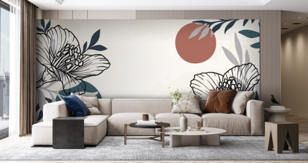 Weißer Hintergrund mit schwarzen und weißen Blumen und Blättern Weißer Hintergrund mit schwarzen und weißen Blumen und Blättern
