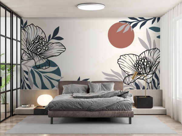 Weißer Hintergrund mit schwarzen und weißen Blumen und Blättern Weißer Hintergrund mit schwarzen und weißen Blumen und Blättern