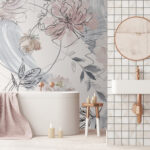 Fototapeten Florales Muster mit schwarzen und weißen Blumen